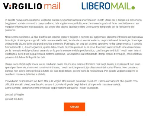 Libero Mail e Virgilio Mail down – il comunicato